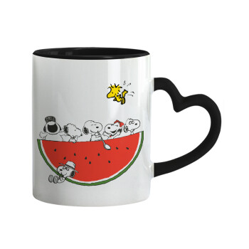 Snoopy summer, Κούπα καρδιά χερούλι μαύρη, κεραμική, 330ml