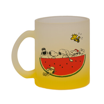 Snoopy summer, Κούπα γυάλινη δίχρωμη με βάση το κίτρινο ματ, 330ml