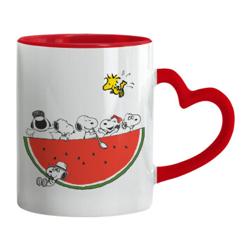 Snoopy summer, Κούπα καρδιά χερούλι κόκκινη, κεραμική, 330ml