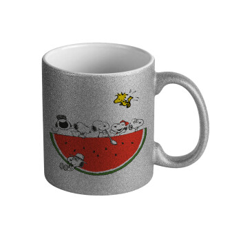 Snoopy summer, Κούπα Ασημένια Glitter που γυαλίζει, κεραμική, 330ml