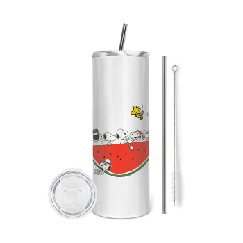 Snoopy summer, Eco friendly stainless steel tumbler 600ml, with metal straw & cleaning brush