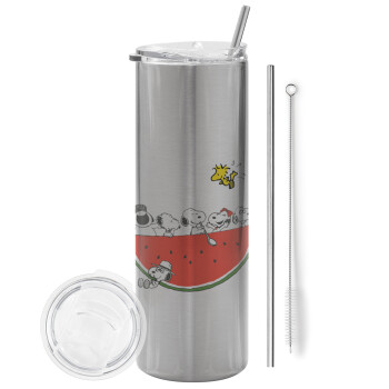 Snoopy summer, Eco friendly stainless steel Silver tumbler 600ml, with metal straw & cleaning brush