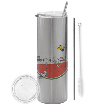 Snoopy summer, Tumbler stainless steel Silver 600ml, with metal straw & cleaning brush