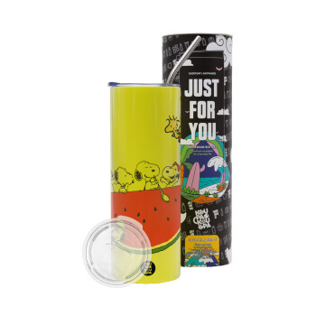 Snoopy summer, Neon Yellow Travel Tumbler, with metal straw (Stainless steel 304 Food grade, BPA free, 600ml)