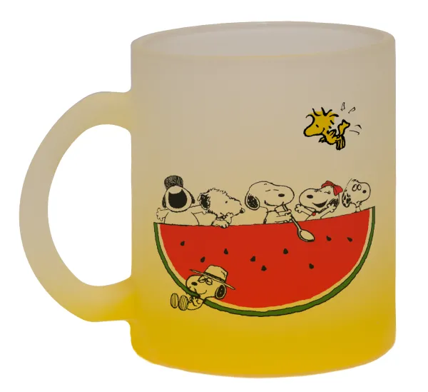Snoopy summer — Κούπα γυάλινη δίχρωμη με βάση το κίτρινο ματ, 330ml