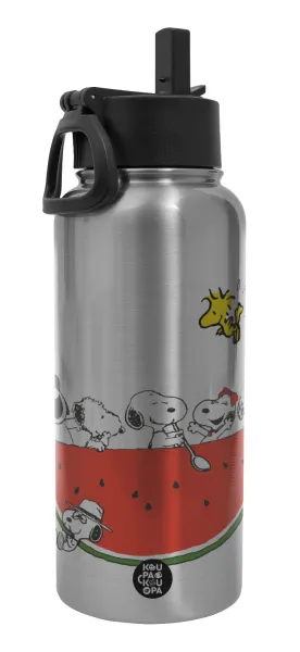Snoopy summer — Μεταλλικό παγούρι θερμός Silver με καλαμάκι και χερούλι (Stainless steel), διπλού τοιχώματος, 950ml
