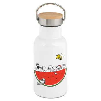 Snoopy summer, Μεταλλικό παγούρι θερμός (Stainless steel) Λευκό με ξύλινο καπακι (bamboo), διπλού τοιχώματος, 350ml