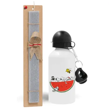 Snoopy summer, Πασχαλινή Λαμπάδα με παγούρι μεταλλικό  αλουμινίου (500ml) & κερί αρωματικό πλακέ (30cm) (ΓΚΡΙ)