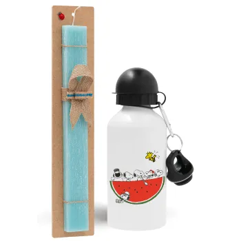 Snoopy summer, Πασχαλινή Λαμπάδα με παγούρι μεταλλικό αλουμινίου (500ml) & λαμπάδα αρωματική πλακέ (30cm) (ΤΙΡΚΟΥΑΖ)