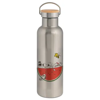 Snoopy summer, Stainless steel Silver with wooden lid (bamboo), double wall, 750ml