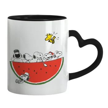 Snoopy summer, Κούπα καρδιά χερούλι μαύρη, κεραμική, 330ml