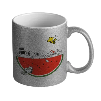 Snoopy summer, Κούπα Ασημένια Glitter που γυαλίζει, κεραμική, 330ml