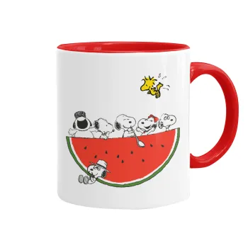 Snoopy summer, Κούπα χρωματιστή κόκκινη, κεραμική, 330ml