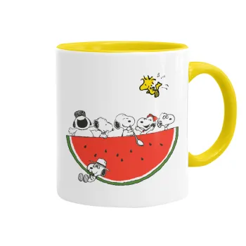 Snoopy summer, Κούπα χρωματιστή κίτρινη, κεραμική, 330ml