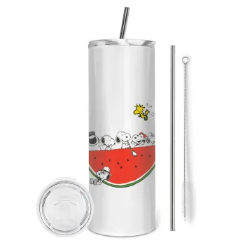 Snoopy summer, Tumbler ποτήρι θερμό από ανοξείδωτο ατσάλι 600ml, με μεταλλικό καλαμάκι & βούρτσα καθαρισμού