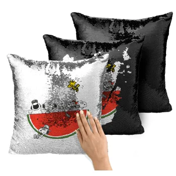 Snoopy summer, Μαξιλάρι καναπέ Μαγικό Μαύρο με πούλιες 40x40cm περιέχεται το γέμισμα