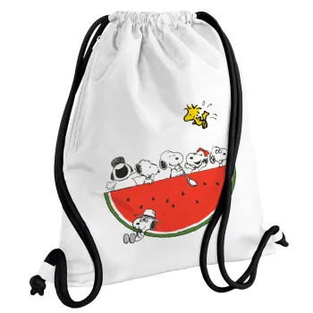 Snoopy summer, Τσάντα πλάτης πουγκί GYMBAG λευκή, με τσέπη (40x48cm) & χονδρά κορδόνια