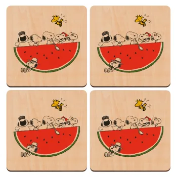 Snoopy summer, ΣΕΤ x4 Σουβέρ ξύλινα τετράγωνα plywood (9cm)