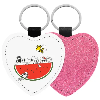 Snoopy summer, Μπρελόκ PU δερμάτινο glitter καρδιά ΡΟΖ
