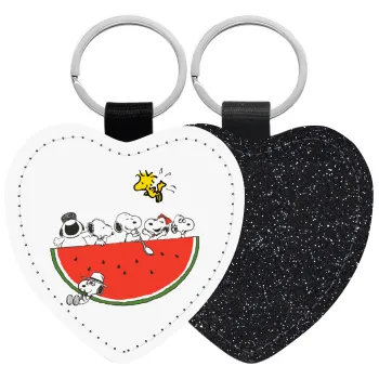 Snoopy summer, Μπρελόκ PU δερμάτινο glitter καρδιά ΜΑΥΡΟ