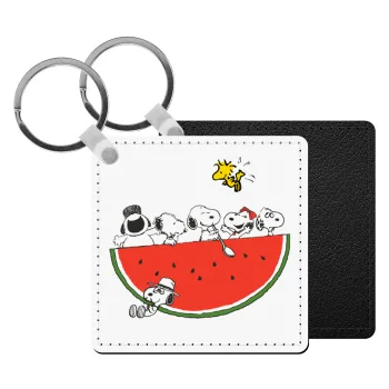 Snoopy summer, Μπρελόκ Δερματίνη, τετράγωνο ΜΑΥΡΟ (5x5cm)