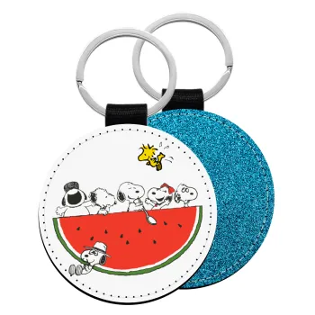 Snoopy summer, Μπρελόκ Δερματίνη, στρογγυλό ΜΠΛΕ (5cm)