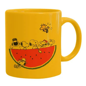 Snoopy summer, Ceramic coffee mug yellow, 330ml