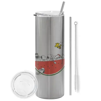 Snoopy summer, Tumbler stainless steel Silver 600ml, with metal straw & cleaning brush