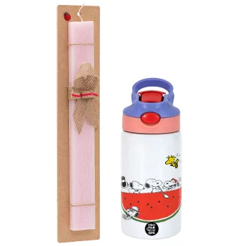 Snoopy summer, Πασχαλινή Λαμπάδα με Παιδικό παγούρι θερμό, ανοξείδωτο, με καλαμάκι ασφαλείας, ροζ/μωβ (350ml) & κερί αρωματικό πλακέ (30cm) (ΡΟΖ)