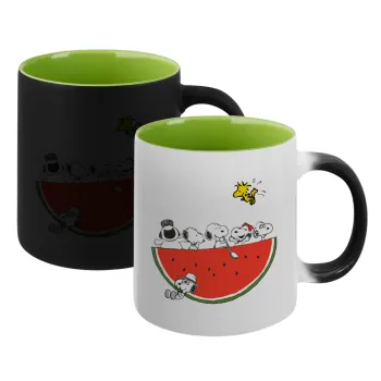 Snoopy summer, Κούπα Μαγική εσωτερικό πράσινο, κεραμική 330ml που αλλάζει χρώμα με το ζεστό ρόφημα