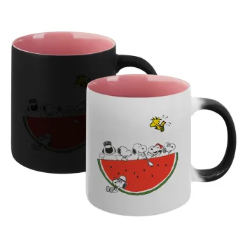 Snoopy summer, Κούπα Μαγική εσωτερικό ΡΟΖ, κεραμική 330ml που αλλάζει χρώμα με το ζεστό ρόφημα