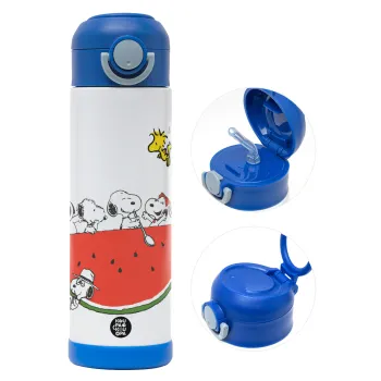 Snoopy summer, Παιδικό παγούρι θερμό, ανοξείδωτο, με καλαμάκι ασφαλείας, ΜΠΛΕ (500ml)