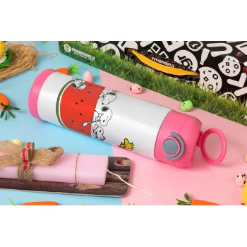 Snoopy summer, Πασχαλινή Λαμπάδα με Παιδικό παγούρι θερμό, ανοξείδωτο, με καλαμάκι ασφαλείας, ΡΟΖ (500ml)