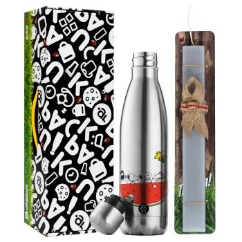 Snoopy summer, Easter Set, metallic stainless thermos flask (500ml) & scented flat Easter candle (30cm) (GRAY)