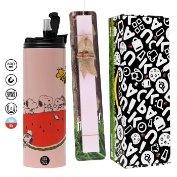 Snoopy summer, Πασχαλινή Λαμπάδα με  ΡΟΖ Travel Tumbler θερμό (600ml, BPA free) & κερί αρωματικό πλακέ (30cm) (ΡΟΖ)