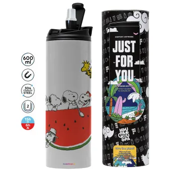 Snoopy summer, Tumbler ποτήρι θερμό ΓΚΡΙ από ανοξείδωτο ατσάλι 600ml