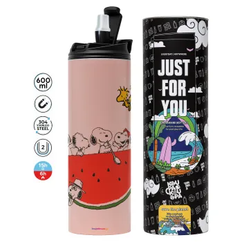 Snoopy summer, Tumbler ποτήρι θερμό ΡΟΖ από ανοξείδωτο ατσάλι 600ml