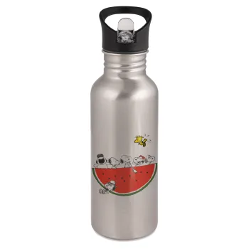 Snoopy summer, Water bottle Silver with straw, stainless steel 600ml