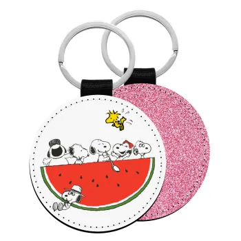 Snoopy summer, Μπρελόκ Δερματίνη, στρογγυλό ΡΟΖ (5cm)