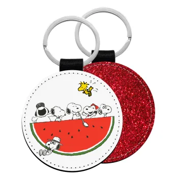 Snoopy summer, Μπρελόκ Δερματίνη, στρογγυλό ΚΟΚΚΙΝΟ (5cm)