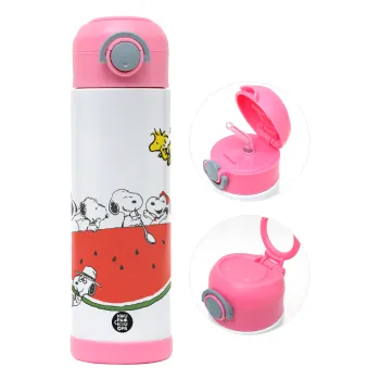 Snoopy summer, Children's hot water bottle, stainless steel, with safety straw, PINK (500ml)