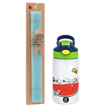 Snoopy summer, Easter Set, Children's thermal stainless steel bottle with safety straw, green/blue (350ml) & aromatic flat Easter candle (30cm) (TURQUOISE)