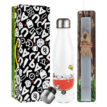 Snoopy summer, Πασχαλινή Λαμπάδα με μεταλλικό παγούρι θερμός λευκός (500ml) & λαμπάδα αρωματική πλακέ (30cm) (ΓΚΡΙ)