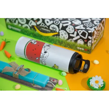 Snoopy summer, Πασχαλινή Λαμπάδα με Travel Tumbler θερμό με διπλό καπάκι (600ml, BPA free) & κερί αρωματικό πλακέ (30cm) (ΤΙΡΚΟΥΑΖ)