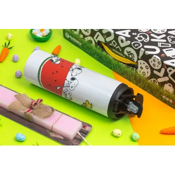 Snoopy summer, Πασχαλινή Λαμπάδα με Travel Tumbler θερμό με διπλό καπάκι (600ml, BPA free) & κερί αρωματικό πλακέ (30cm) (ΡΟΖ)