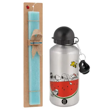 Snoopy summer, Πασχαλινή Λαμπάδα με παγούρι μεταλλικό Ασημένιο αλουμινίου (500ml) & κερί αρωματικό πλακέ (30cm) (ΤΙΡΚΟΥΑΖ)