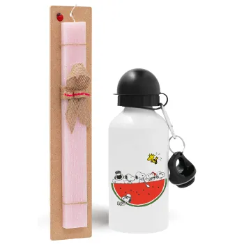 Snoopy summer, Πασχαλινή Λαμπάδα με παγούρι μεταλλικό αλουμινίου (500ml) & κερί αρωματικό πλακέ (30cm) (ΡΟΖ)