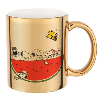 Snoopy summer, Κούπα κεραμική, χρυσή καθρέπτης, 330ml