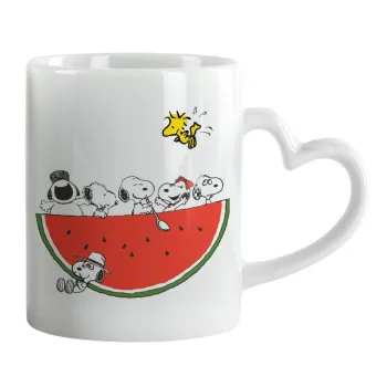 Snoopy summer, Κούπα καρδιά χερούλι λευκή, κεραμική, 330ml