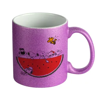 Snoopy summer, Κούπα Μωβ Glitter που γυαλίζει, κεραμική, 330ml